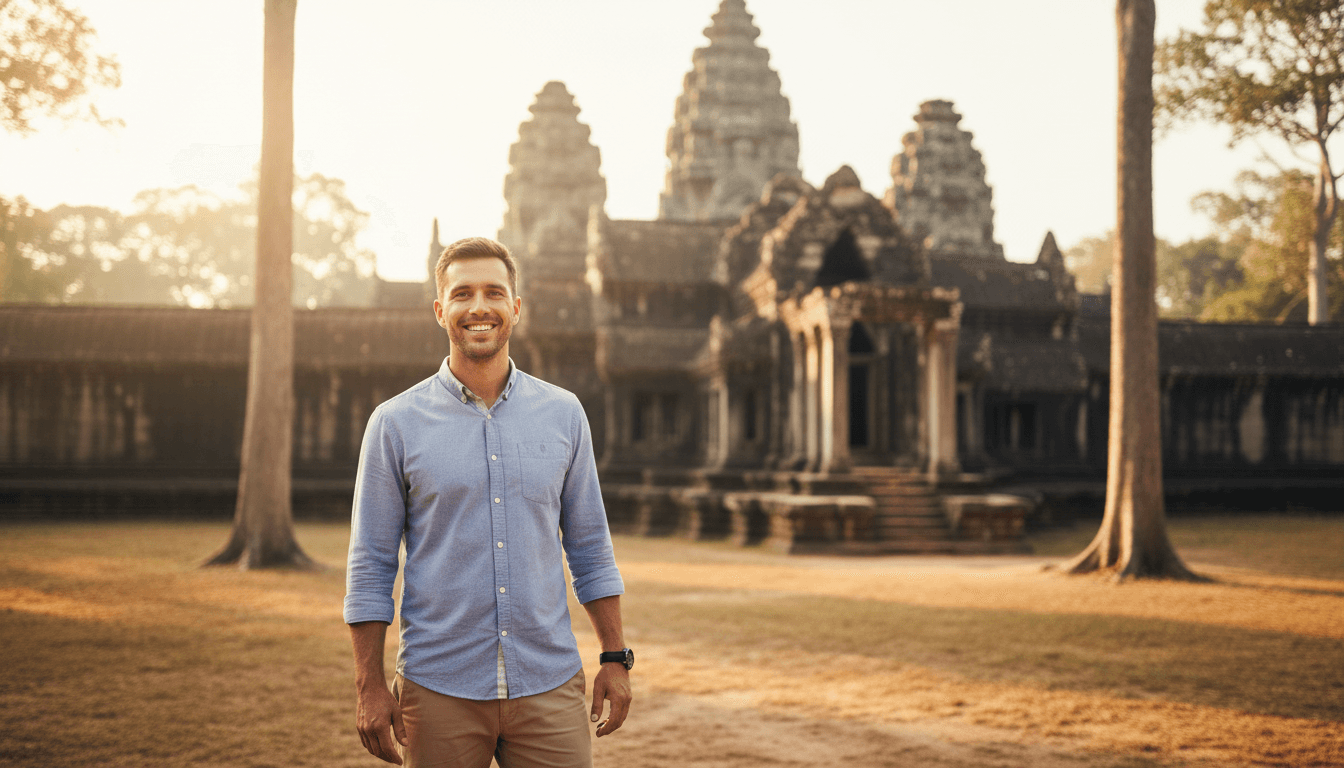 Leng Phanny, founder of Siem Reap Tour Days, standing in front of ancient Khmer temple ruins