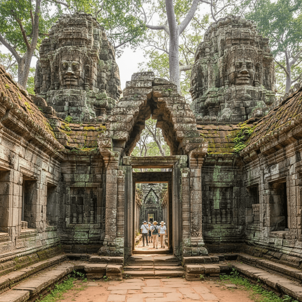 Preah Khan temple corridor with visitors exploring