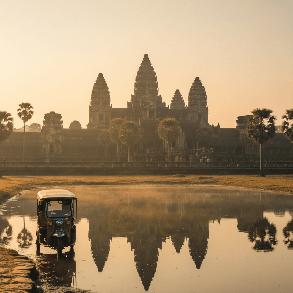 Angkor Wat temple at sunrise with tuk tuk in foreground
