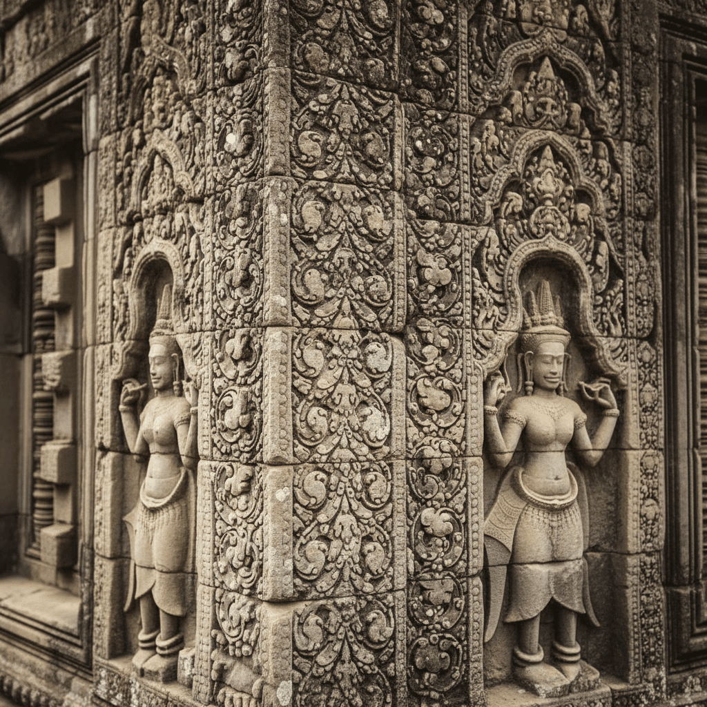 Detailed stone carvings and bas-reliefs on temple walls