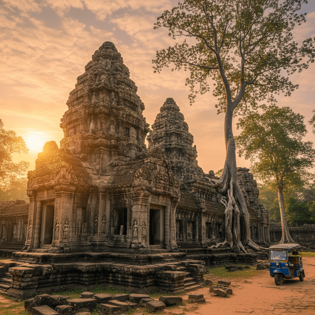 Ancient Angkor temple architecture at golden hour