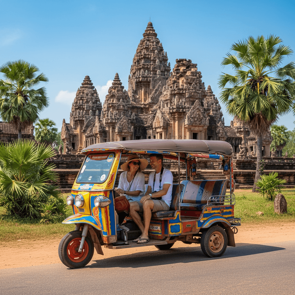 Colorful tuk tuk parked at a temple site with tourists ready for a tour