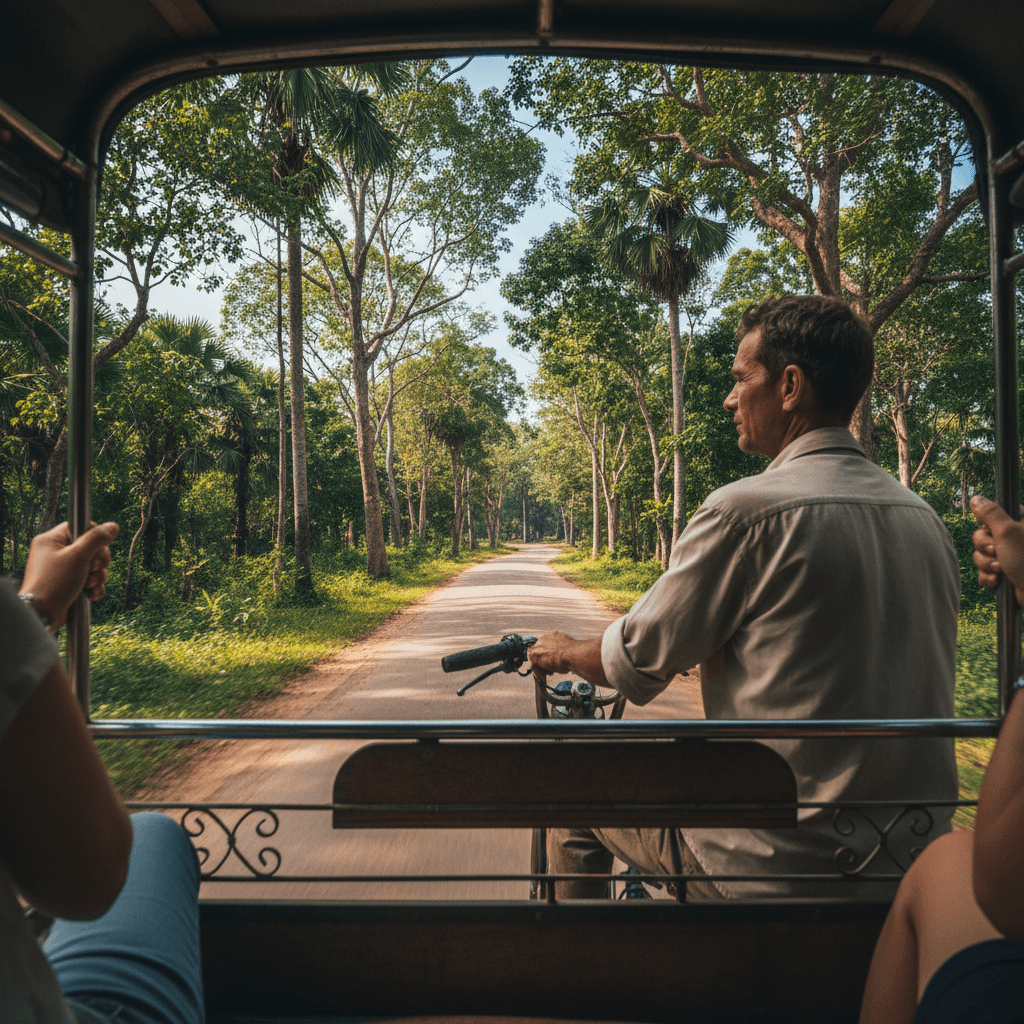 View from inside a tuk tuk on a scenic countryside road in Siem Reap