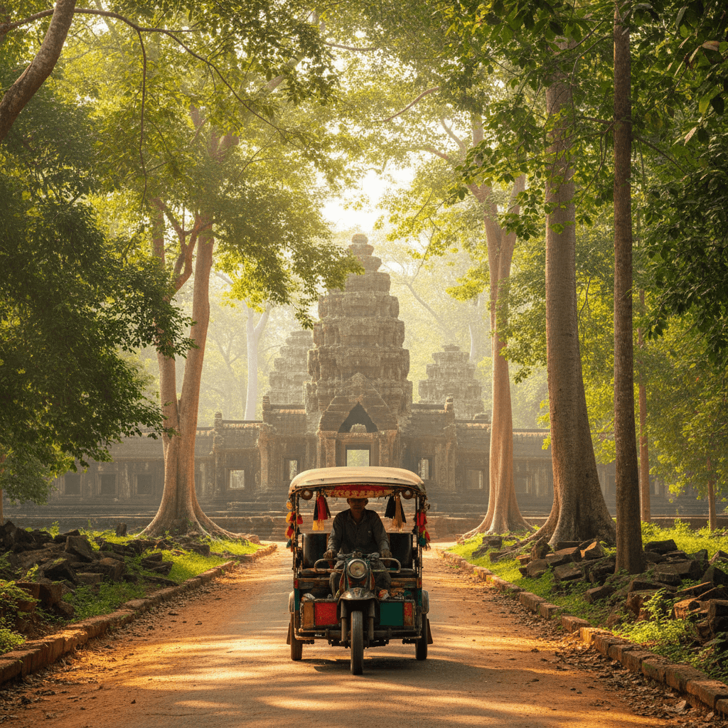 A tuk tuk driving through a tree-lined path leading to ancient temple structures in Siem Reap