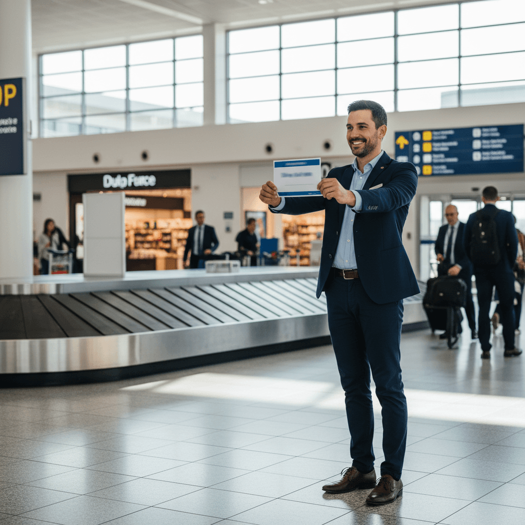 Professional driver holding name sign at airport arrivals