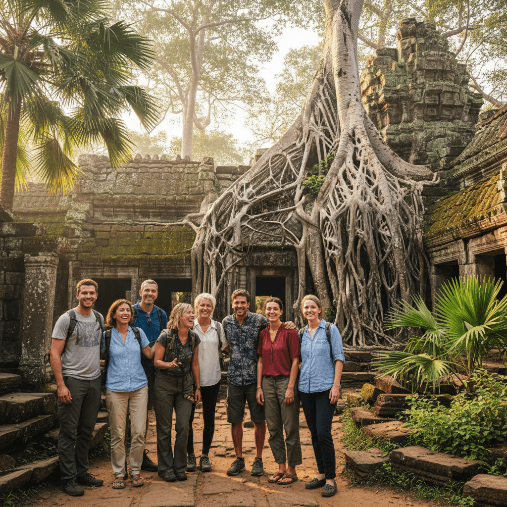 Tourists posing in front of Ta Prohm temple with massive tree roots and ancient stones