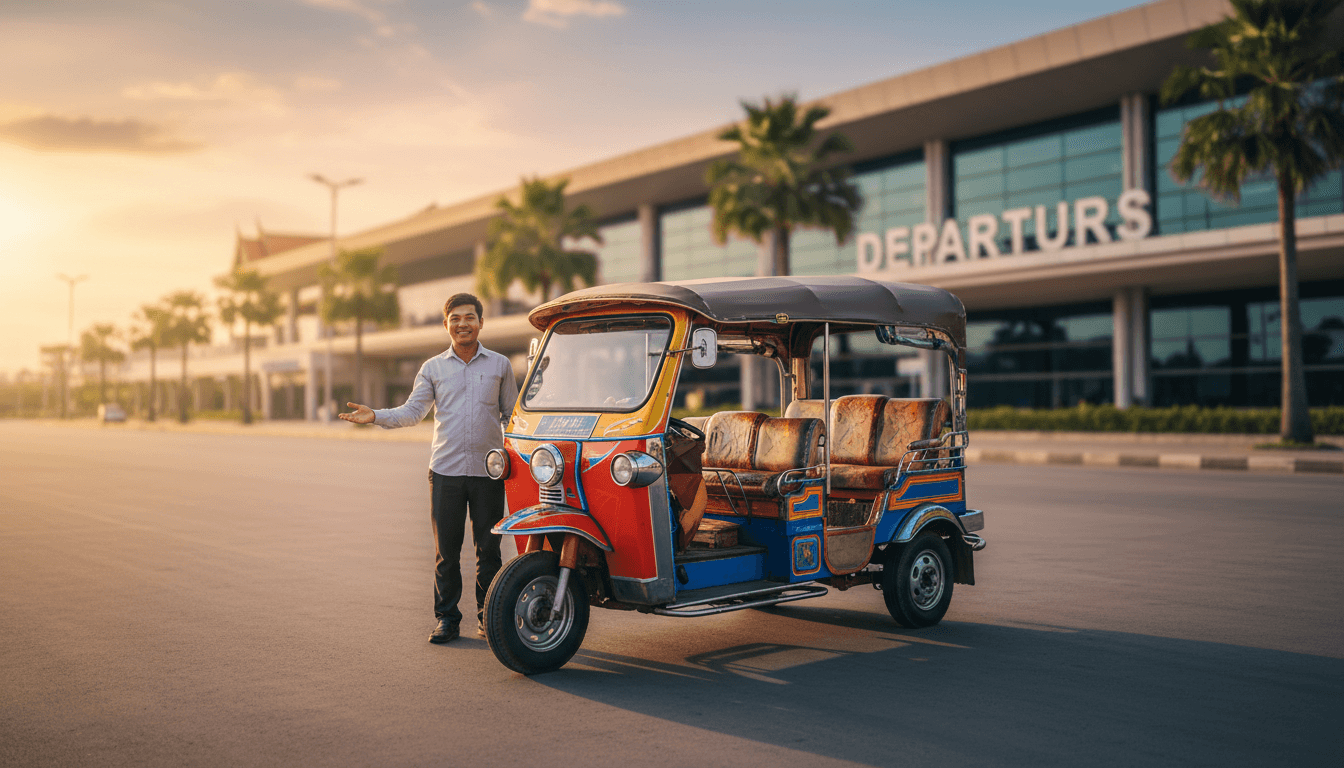 Clean tuk tuk at Siem Reap airport ready for passenger pickup