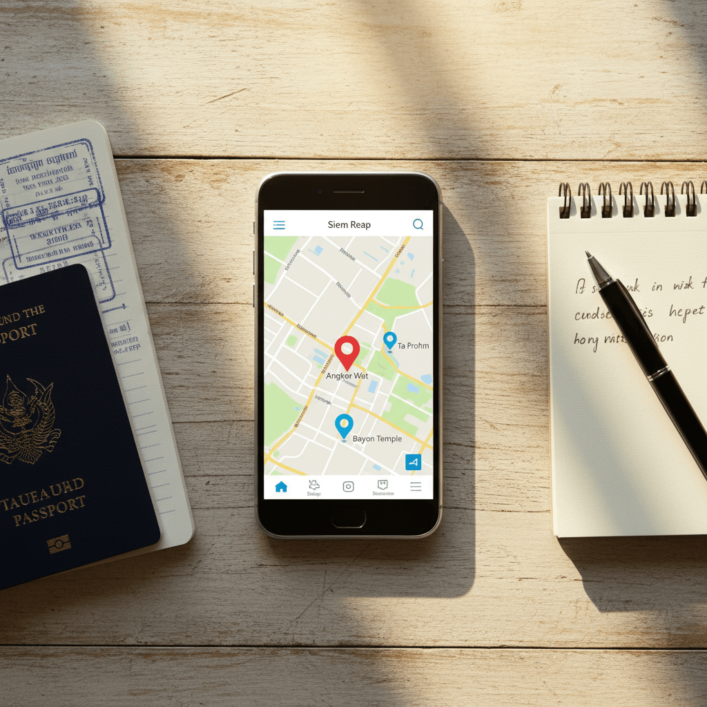 Map view showing Siem Reap destinations on smartphone
