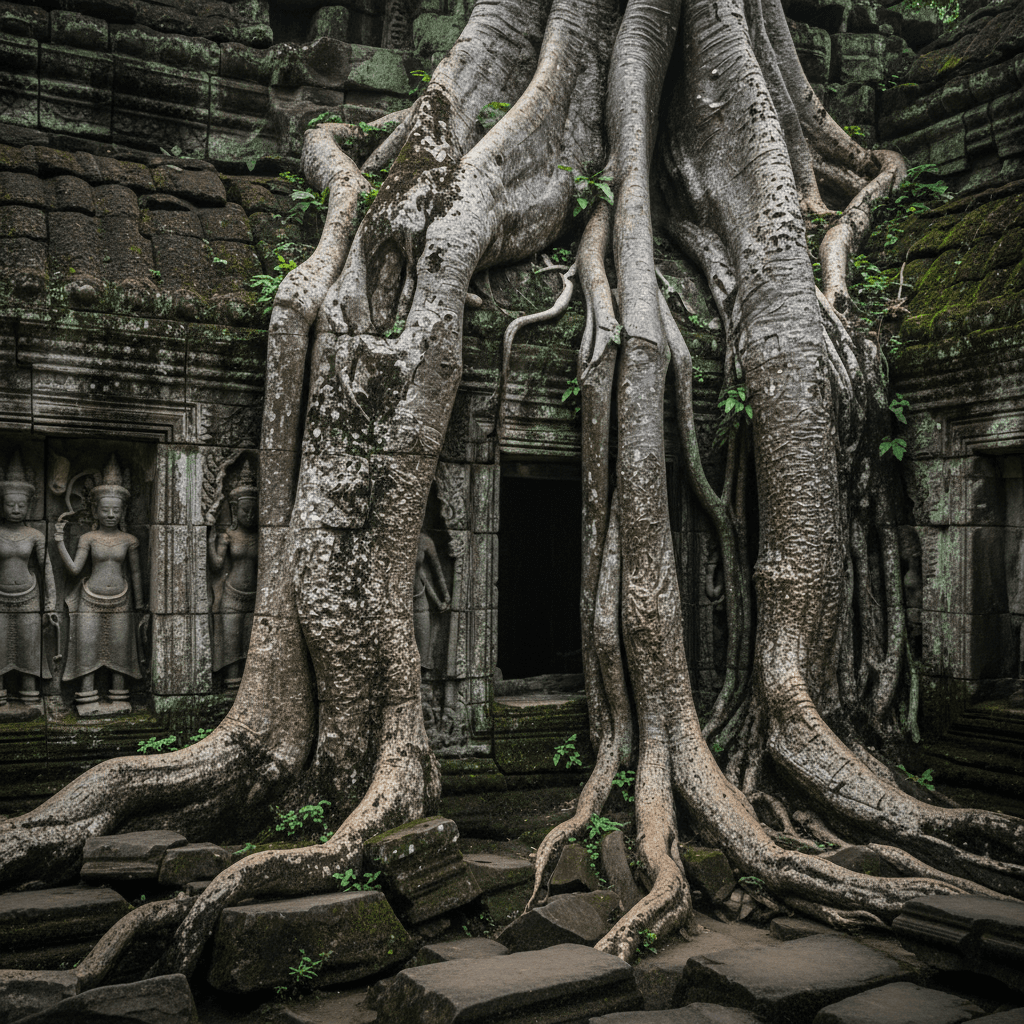 Ancient carved stone detail at Ta Prohm temple