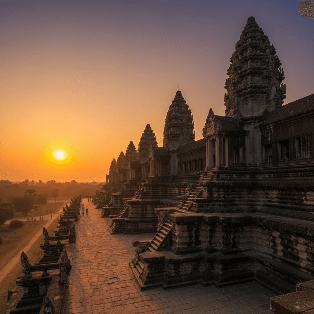 Temple complex at sunset with dramatic shadows and golden light on ornate spires