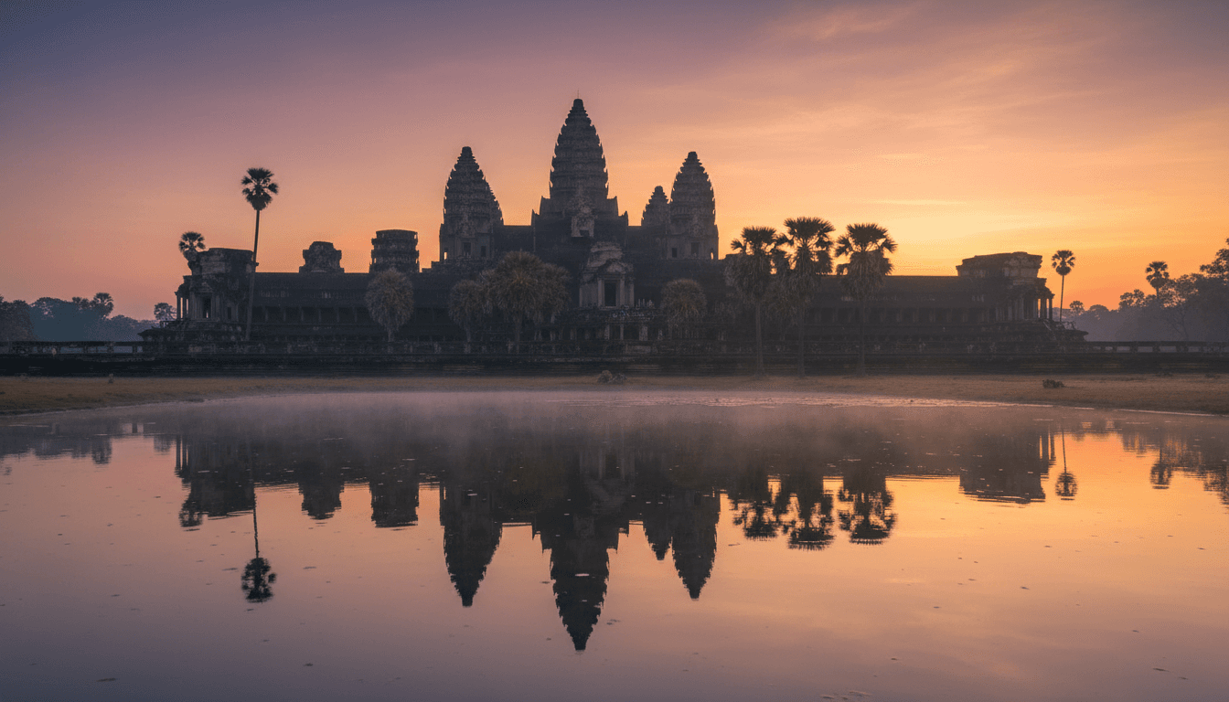 Angkor Wat temple reflected in water at sunrise