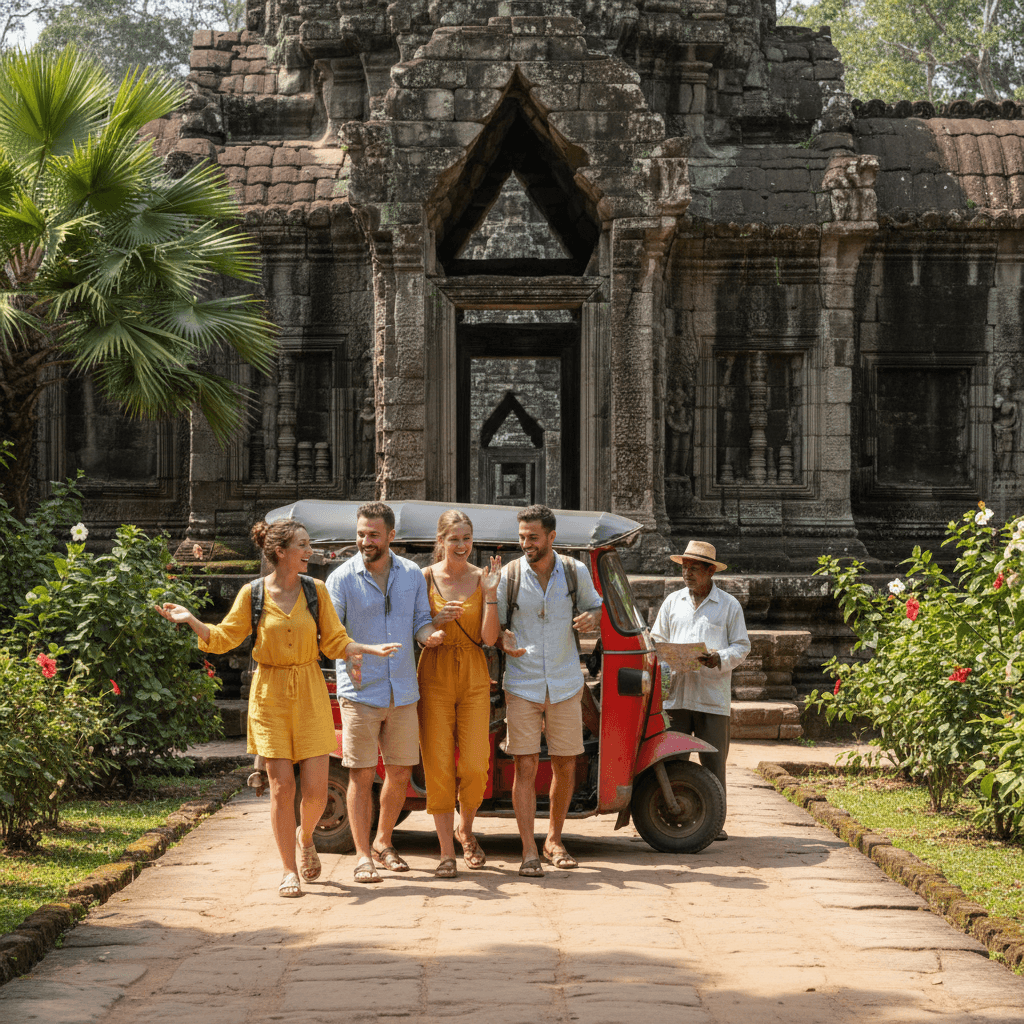 Tourists arriving by tuk tuk for temple tour