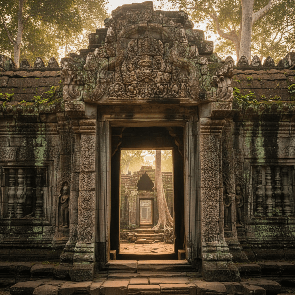 Ancient temple entrance with ornate stone archways and carved details